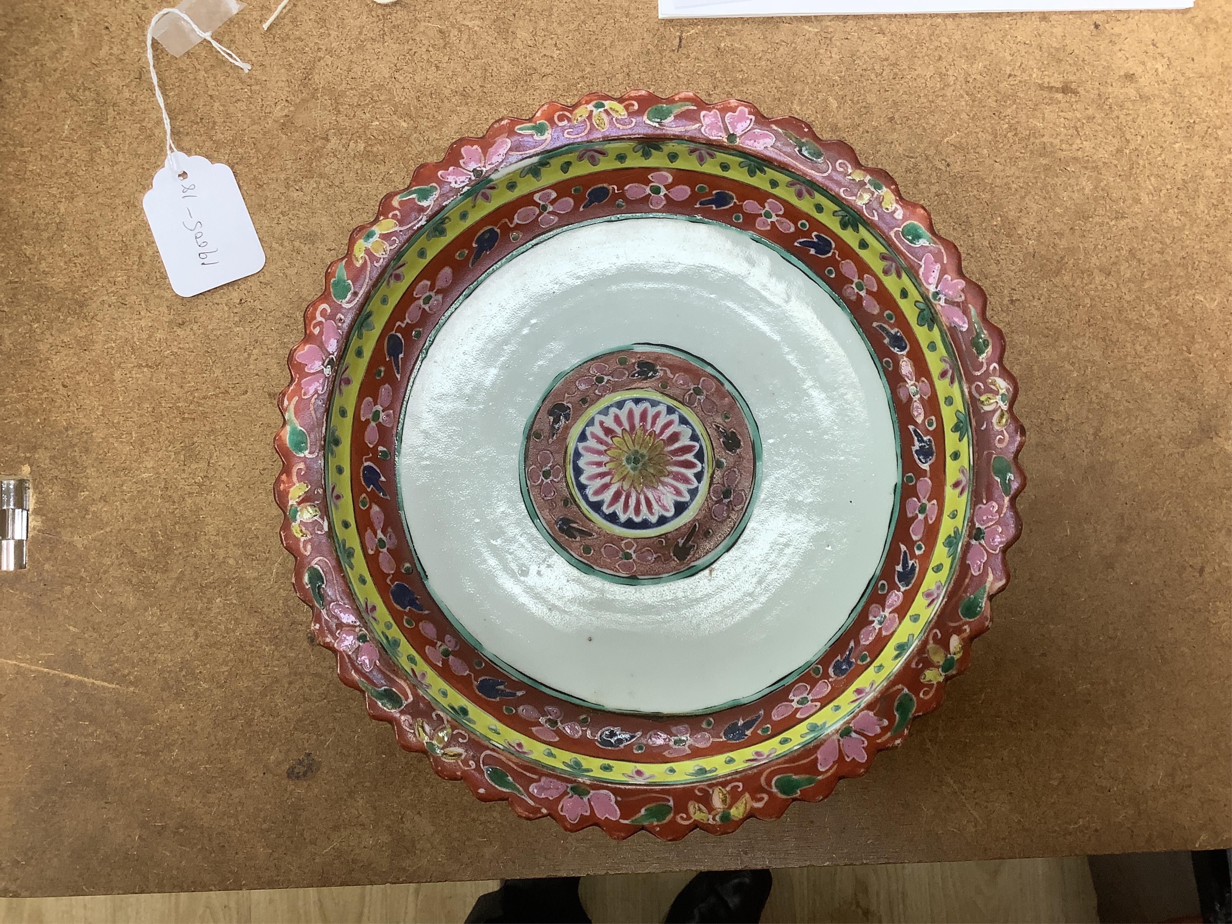 A late 19th century Chinese bencharong stem dish, made for Thai market, 23cm diameter